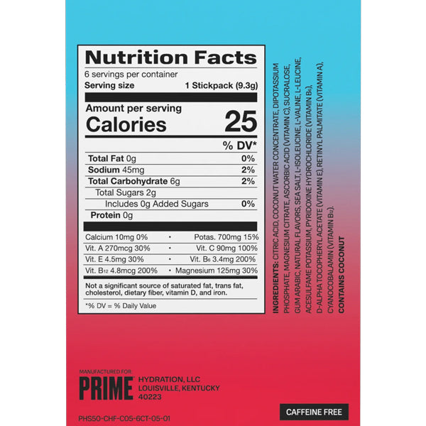 Nutrition facts and ingredients for Prime 5 Pack Hydration+ Sticks Cherry Freeze Sugar Free (6 ct), with zero-sugar hydration info, serving size, calories, nutrients, ingredients, and manufacturer details—shown on a gradient background.