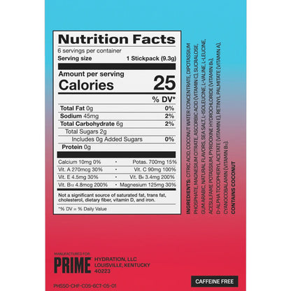 Nutrition facts and ingredients for Prime 5 Pack Hydration+ Sticks Cherry Freeze Sugar Free (6 ct), with zero-sugar hydration info, serving size, calories, nutrients, ingredients, and manufacturer details—shown on a gradient background.