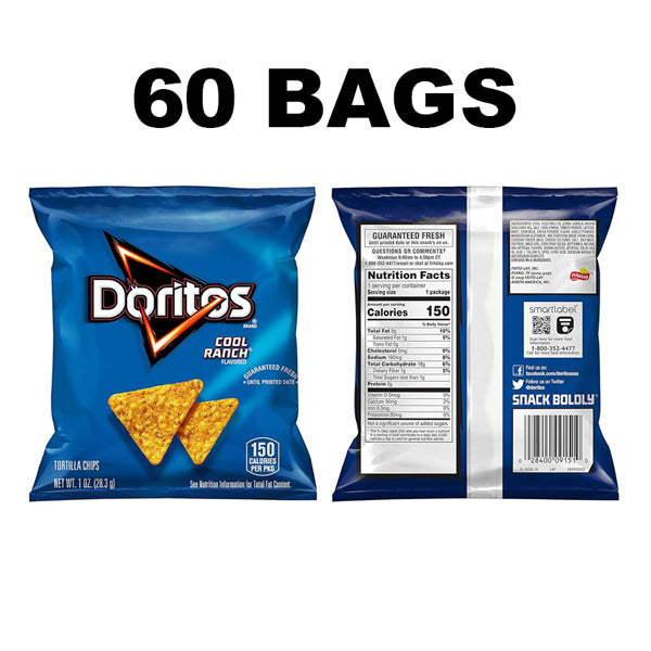 60 Pack - Doritos Cool Ranch Flavored Tortilla Chips 1oz Bags