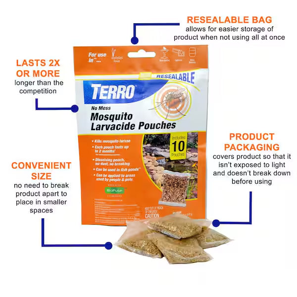 2 Pack - TERRO No Mess Mosquito Larvacide Pouches 10 Pouches Included T1210-10 Deal Society