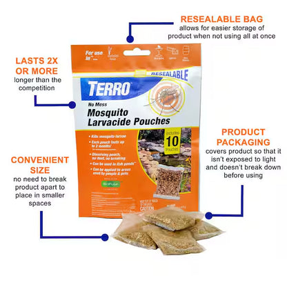 2 Pack - TERRO No Mess Mosquito Larvacide Pouches 10 Pouches Included T1210-10 Deal Society