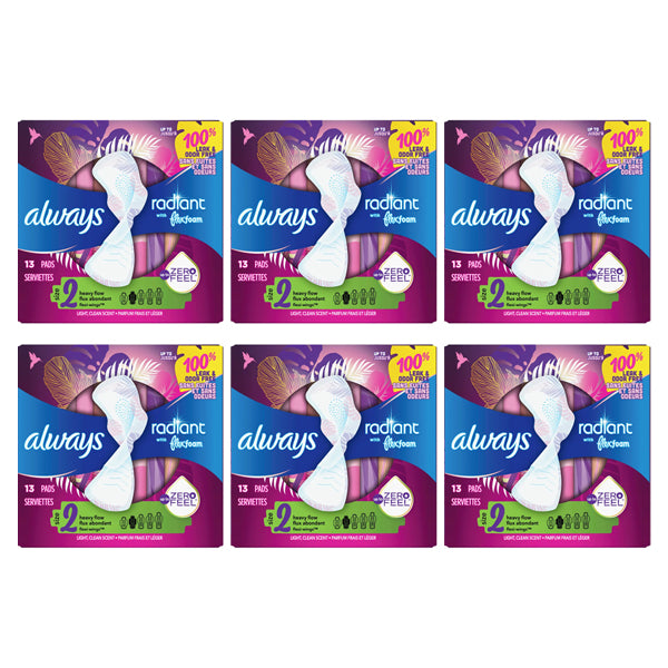 6 Pack - Always Radiant Pads Size 2 Heavy Flow Scented 13 Count Each