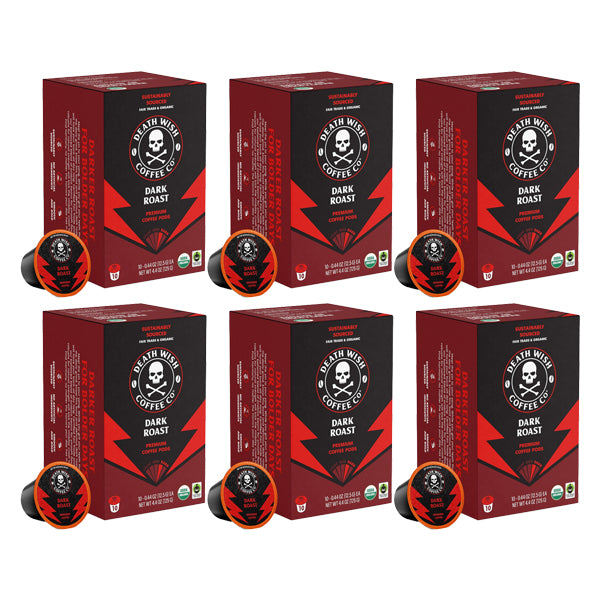 Six packs of Death Wish Coffee Dark Roast Single-Serve Pods (10 count each) are arranged in two rows, each with a pod in front—ideal for those who love the bold flavor and high quality of Death Wish coffee.