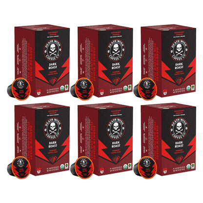 Six packs of Death Wish Coffee Dark Roast Single-Serve Pods (10 count each) are arranged in two rows, each with a pod in front—ideal for those who love the bold flavor and high quality of Death Wish coffee.