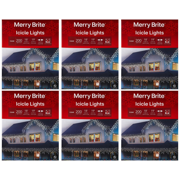 6 Pack - Merry Brite Set of 200 Clear I/O Icicle Lights Merry Brite