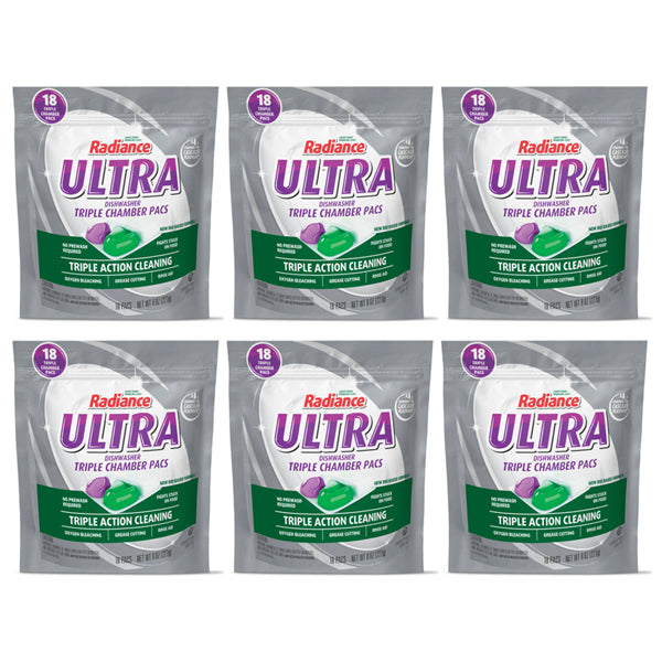 6 Pack - Radiance Triple Chamber Ultra Dishwasher Detergent Pacs 18 Count Each