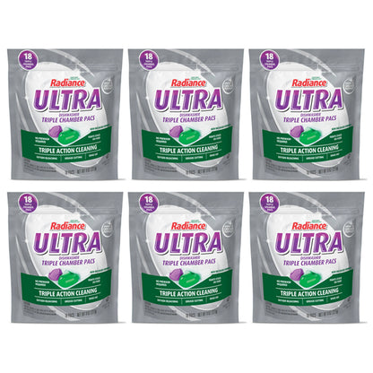 6 Pack - Radiance Triple Chamber Ultra Dishwasher Detergent Pacs 18 Count Each