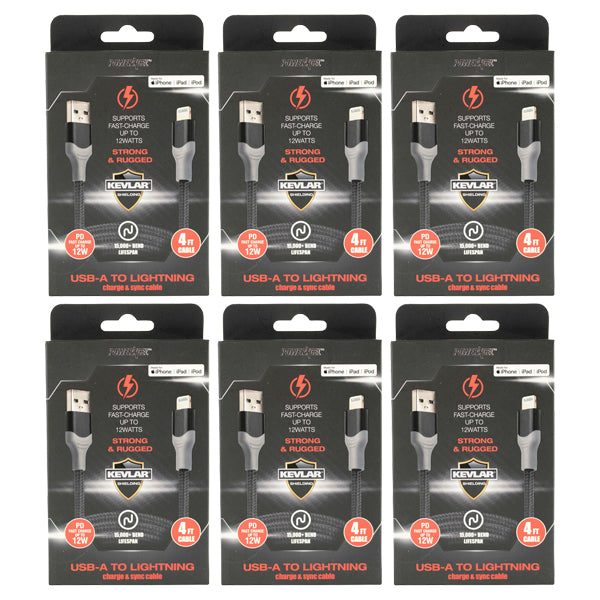 6 Pack - PowerXcel 4-Foot USB-A to Lightning Charge & Sync Cable Wholesale Bundle