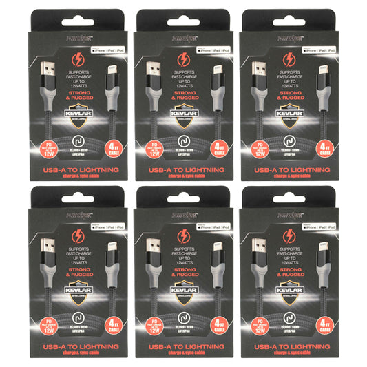 6 Pack - PowerXcel 4-Foot USB-A to Lightning Charge & Sync Cable Wholesale Bundle