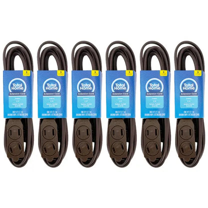 6 Pack - Total Home 3 Outlet Extension Cord 9ft Brown Vinyl Total Home