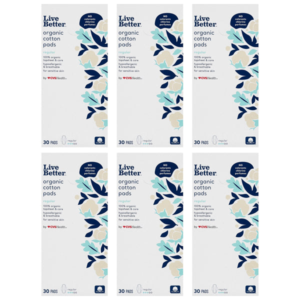 6 Pack - CVS Live Better Organic Cotton Pads Regular 30 Count Each