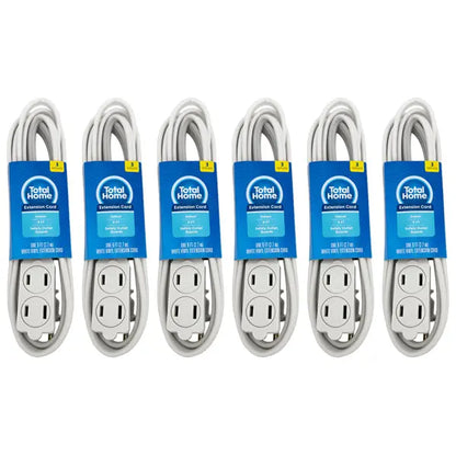 6 Pack - Total Home 3-Outlet Indoor Extension Cord 9 Ft White Total Home