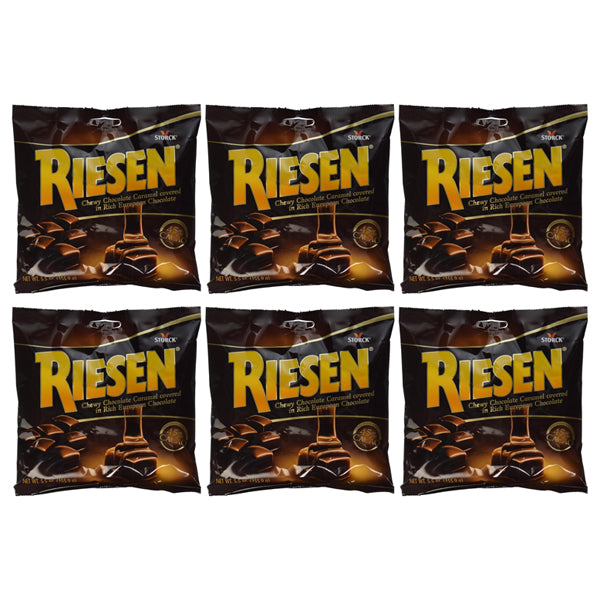 Six packs of Riesen Chewy Chocolate Caramel Covered in Chocolate (5.5oz each) are neatly arranged in two rows of three against a white background.
