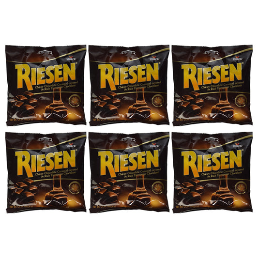 Six packs of Riesen Chewy Chocolate Caramel Covered in Chocolate (5.5oz each) are neatly arranged in two rows of three against a white background.