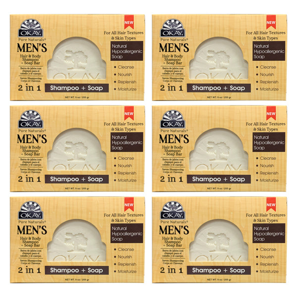 6 Pack - OKAY Pure Naturals Men's Hair & Body Shampoo + Soap Bar 9oz