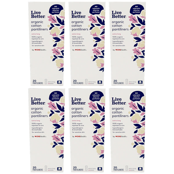 Six boxes of CVS Live Better Organic Cotton Pantyliners Extra Long (20 count each) are arranged in two rows of three against a white background.