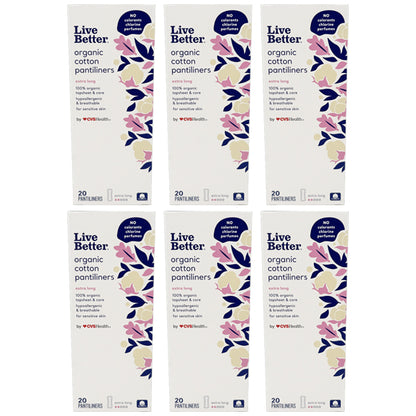 Six boxes of CVS Live Better Organic Cotton Pantyliners Extra Long (20 count each) are arranged in two rows of three against a white background.
