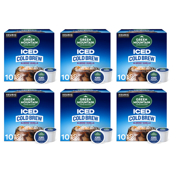 Six boxes of Green Mountain Coffee Roasters Almond Vanilla Cold Brew K-Cup Pods (10 pods each) are arranged in two rows of three.