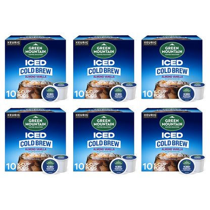 Six boxes of Green Mountain Coffee Roasters Almond Vanilla Cold Brew K-Cup Pods (10 pods each) are arranged in two rows of three.
