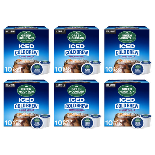 Six boxes of Green Mountain Coffee Roasters Almond Vanilla Cold Brew K-Cup Pods (10 pods each) are arranged in two rows of three.