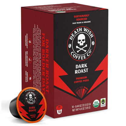 The 6 Pack - Death Wish Coffee Dark Roast Single-Serve Coffee Pods (10 count each) by Death Wish features bold graphics, a skull logo, and fair trade and USDA organic labels—ideal for high-quality coffee fans.
