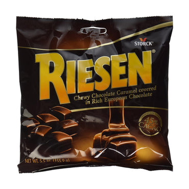 A 6 pack of Riesen Chewy Chocolate Caramel candies, each 5.5oz, covered in rich chocolate by Riesen.