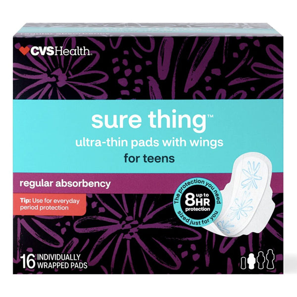 CVS Health Sure Thing Ultra-thin Pads for Teens with wings, regular absorbency. Each 6 pack contains 16 individually wrapped pads. Super-absorbent core offers up to 8 hours of discreet protection. Brand: CVS.