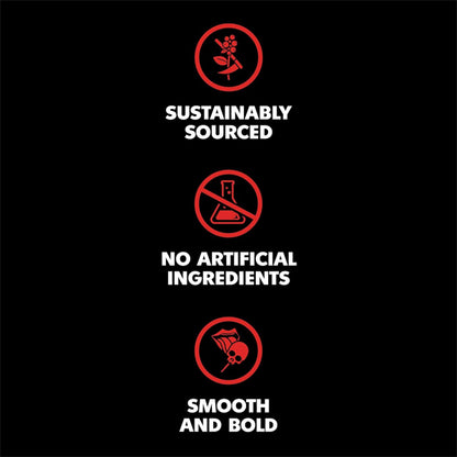 Three icons with text: Sustainably Sourced (plant); No Artificial Ingredients (beaker); Smooth & Bold—just like Death Wish 6 Pack Dark Roast Single-Serve Coffee Pods—(hand with cup). Enjoy high-quality coffee from Death Wish.