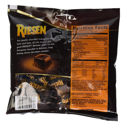 Back of a Riesen 6 Pack Chewy Chocolate Caramel Covered in Chocolate 5.5oz bag, featuring nutrition facts, product info, and wrapped candies—ideal for fans of classic European chocolate from Riesen.