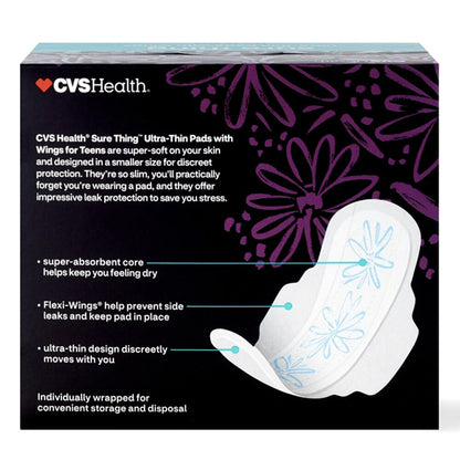6 Pack - CVS Health Sure Thing Ultra-thin Pads for Teens with Wings, Regular 16ct, offers discreet protection and features an illustration of a pad with blue floral designs. Brand: CVS.