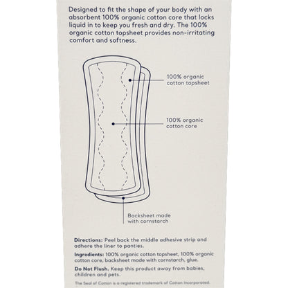 Diagram of CVS 6 Pack - Live Better Organic Cotton Pantyliners Extra Long (20 ct each) showing labeled parts: 100% organic cotton topsheet and core, conventional backsheet. Instructions and ingredients provided. Also suitable for use as pantyliners.