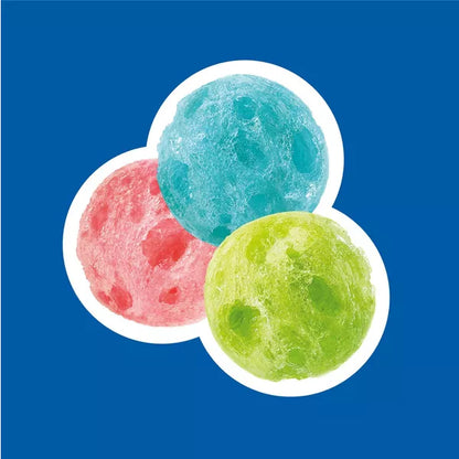 Three colorful Jolly Rancher Freeze Dried Original Fruit Flavored Candy spheres are arranged on a blue background—enjoy this 6 pack of airy, crunchy treats in 2oz bags for a unique fruity snack experience.