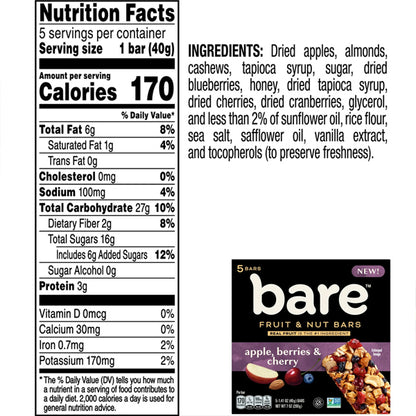 6 Pack - Bare Fruit & Nut Bars, Apple, Berries & Cherry 5 Count Each