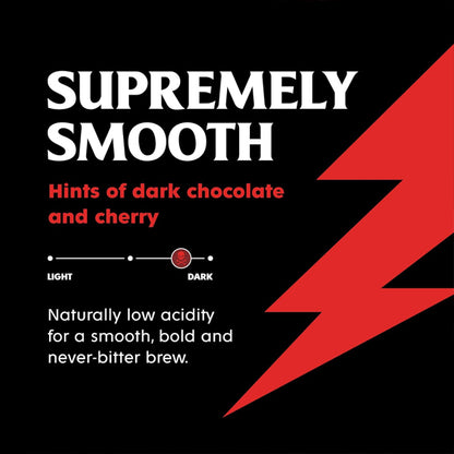 Black background with bold Supremely Smooth text. Death Wish 6 Pack Dark Roast Coffee Pods offer hints of dark chocolate and cherry, low acidity, and a smooth, bold brew that’s never bitter. Red lightning bolt graphic.