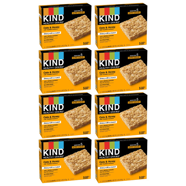 Eight boxes of Kind Healthy Grains Bars Oats & Honey with Toasted Coconut (5 bars per box, 1.2oz each) are stacked in two columns of four.