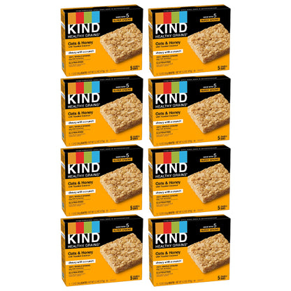 Eight boxes of Kind Healthy Grains Bars Oats & Honey with Toasted Coconut (5 bars per box, 1.2oz each) are stacked in two columns of four.