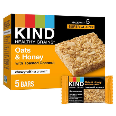 A box of KIND Healthy Grains Bars Oats & Honey with Toasted Coconut (8 Pack, 5 bars per box, 1.2oz each), gluten free, featuring 5 super grains, with one unwrapped and one wrapped bar visible. Brand: Kind.