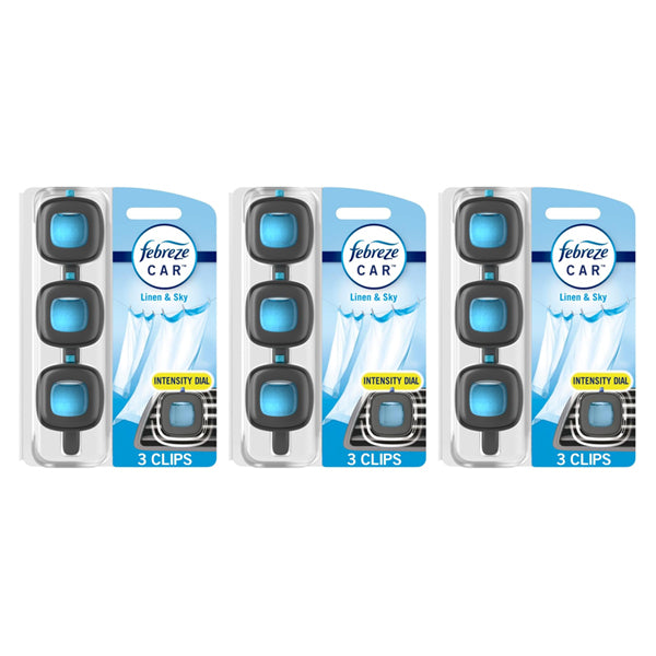 The Febreze 3 Pack Car Air Freshener Vent Clip in Linen & Sky scent (3ct each) delivers long-lasting freshness—each pack includes three original clips to help eliminate car odors.