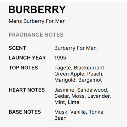 Burberry Classic Eau De Toilette for Men 1.7oz by Burberry, introduced in 1995, features a long-lasting scent with a breakdown of top, heart, and base fragrance notes.