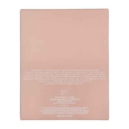 Back of the pink Paco Rabanne Olympea Eau De Parfum for Women 1.7oz box shows ingredients, company, and manufacturing details in white text—echoing the refined packaging style typical of Paco Rabanne fragrances.