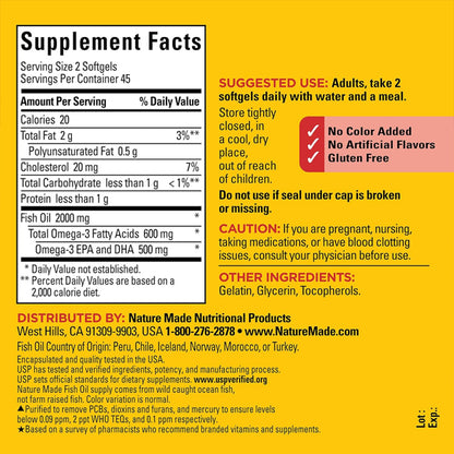 2 Pack - Nature Made Fish Oil 1000 mg Softgels Fish Oil Supplements 90 Count Each