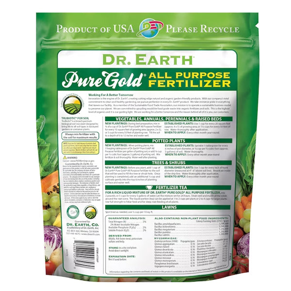 2 Pack - Dr. Earth Pure Gold Organic 2-2-2 Natural All-purpose Fertilizer 8lb Bag