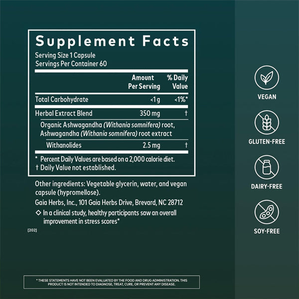 Gaia Herbs Ashwagandha Root 350 mg Sleep Support 60 Vegan Capsules Gaia Herbs