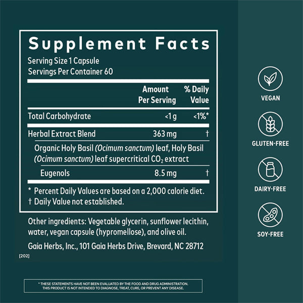 Gaia Herbs Holy Basil Leaf for Stress Support 60 Vegan Capsules Gaia Herbs