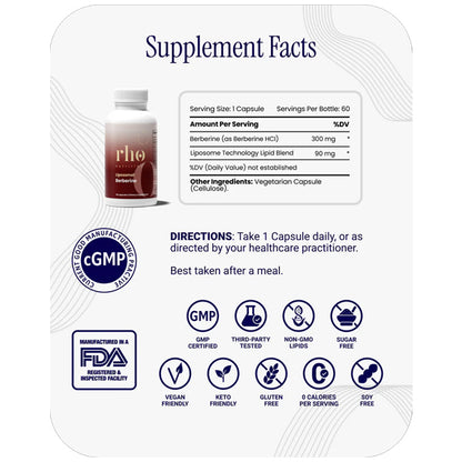 Rho Nutrition Liposomal Berberine Capsules - Ultra High Absorption Supplement 60 Count