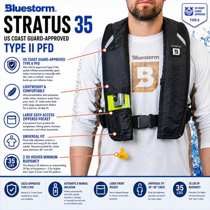 BLUESTORM Stratus 35 Self Inflating Life Jacket PFD for Adults US Coast Guard Approved Apex Black Bluestorm