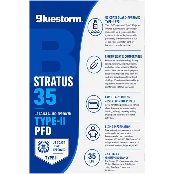 BLUESTORM Stratus 35 Self Inflating Life Jacket PFD for Adults US Coast Guard Approved Apex Black Bluestorm