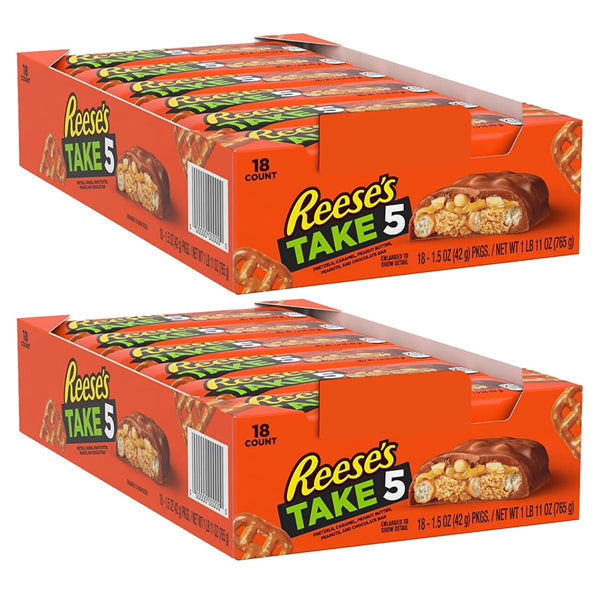 2 Pack - REESE'S TAKE 5 Pretzel Peanut and Chocolate Candy Bars 1.5 oz 18 Count Each