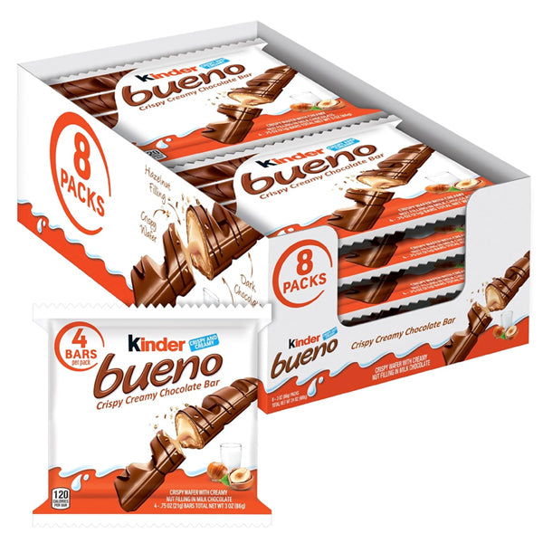 Kinder Bueno Milk Chocolate and Hazelnut Cream Bulk 8 Pack - 4 Bars Per Pack