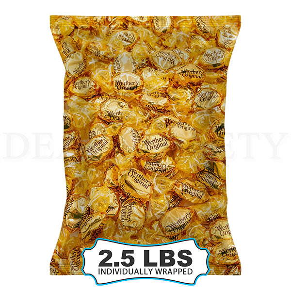 Werthers Original Hard Caramel Candy, 2.5 lb bulk bag, features individually wrapped pieces in classic gold packaging—perfect for sharing or snacking.